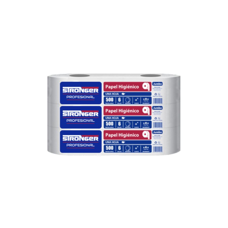 Papel Higiénico Jumbo Stronger 500 mts 6 rollos por pack